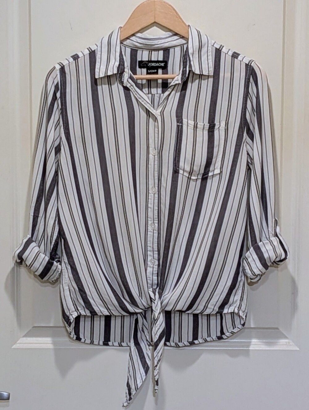 EUC Jordache S 90s White and Blue Rayon Tie Front Striped Button Down Top